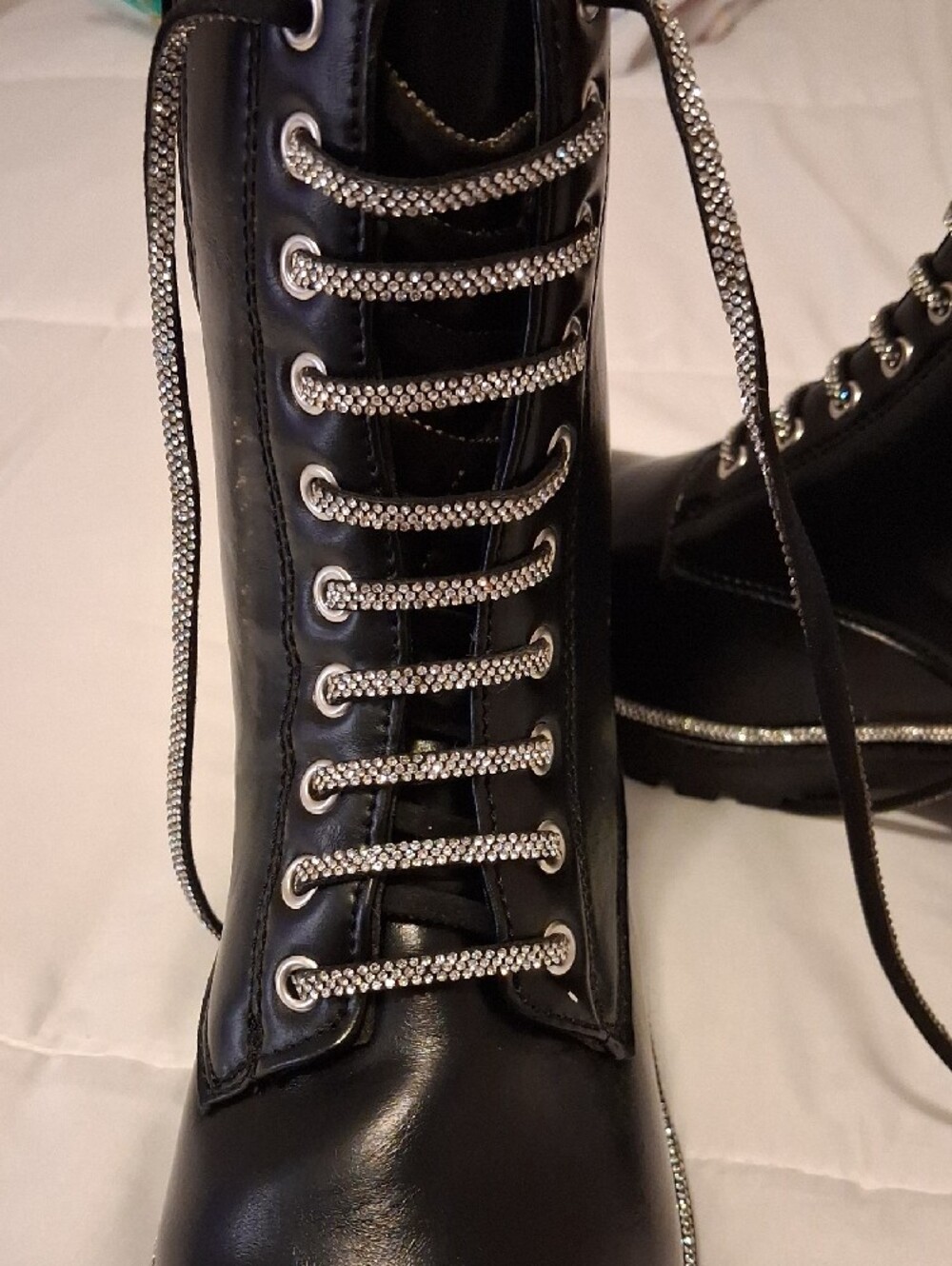Black Lace-Up Rhinestone Combat Boots - Picture 5 of 6